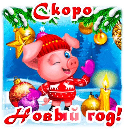 Праздничная открытка: веселый поросенок в зимней одежде на фоне елочных шаров и снега. Надпись «Скоро Новый год!» — идеальное поздравление с праздником! Анимированная открытка Скоро Новый год! Яркая и праздничная новогодняя открытка с мультяшным розовым поросенком. Персонаж одет в красный зимний свитер с узорами и вязаную шапку, он весело подмигивает и машет розовой варежкой. Вокруг поросенка — праздничные декорации: золотые елочные шары, звезда, зажженная свеча и заснеженные еловые ветки на фоне зимнего леса. В верхней части изображения надпись «СКОРО», а в нижней — «Новый год!»