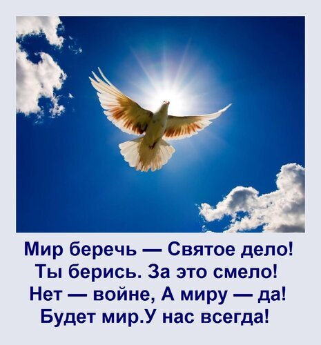 Мотивационная картинка с белым голубем в небе и текстом о важности сохранения мира: «Мир беречь — Святое дело!». Символ мира, надежды и добра. Открытка Мир беречь — Святое дело! Ты берись За это смело! Нет — войне, А миру — да! Будет мир У нас всегда! Изображение с мотивирующим текстом на русском языке о важности сохранения мира. На фоне ярко-голубого неба с белыми облаками летит белая птица (голубь) в лучах солнечного света, символизируя свободу и надежду. Текст гласит: «Мир беречь — Святое дело! Ты берись. За это смело! Нет — войне, А миру — да! Будет мир. У нас всегда!»