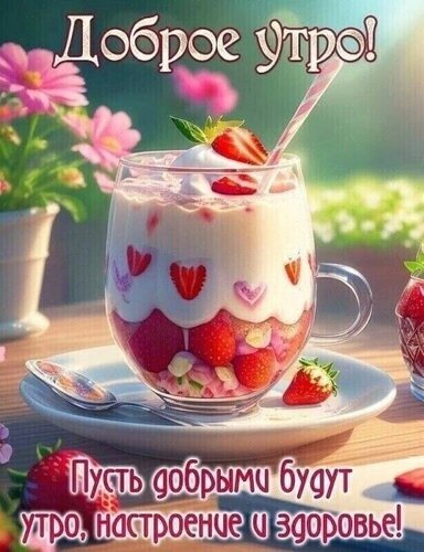 Открытка «Доброе утро!»: аппетитный клубничный десерт, свежие ягоды и цветы. Пожелание доброго утра, хорошего настроения и здоровья для близких. Открытка Доброе утро Красивая открытка «Доброе утро!» с аппетитным десертом. На изображении представлен прозрачный стакан с клубничным йогуртом или муссом, украшенный свежей клубникой и взбитыми сливками. Десерт стоит на белом блюдце рядом с ложкой на деревянном столе, на фоне нежных розовых цветов. Внизу надпись: «Пусть добрыми будут утро, настроение и здоровье!» Открытка «Доброе утро!»: аппетитный клубничный десерт, свежие ягоды и цветы. Пожелание доброго утра, хорошего настроения и здоровья для близких. Открытка Доброе утро Красивая открытка «Доброе утро!» с аппетитным десертом. На изображении представлен прозрачный стакан с клубничным йогуртом или муссом, украшенный свежей клубникой и взбитыми сливками. Десерт стоит на белом блюдце рядом с ложкой на деревянном столе, на фоне нежных розовых цветов. Внизу надпись: «Пусть добрыми будут утро, настроение и здоровье!»