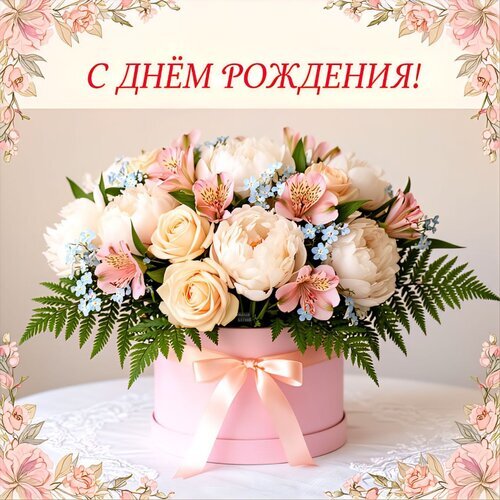 Поздравительная открытка «С днем рождения!» с нежным букетом роз и пионов в розовой подарочной коробке. Идеально для праздничных поздравлений. Открытка С днем рождения! Красивый и нежный букет цветов в розовой подарочной коробке с атласным бантом. Композиция включает светлые розы, пионы, альстромерии и голубые незабудки на фоне декоративной цветочной рамки. На изображении праздничная надпись на русском языке «С ДНЕМ РОЖДЕНИЯ!»