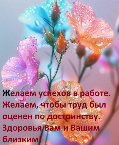 Красивая открытка с цветами и пожеланиями успеха в работе, признания заслуг и здоровья вам и вашим близким. Идеально для коллег и друзей. Открытка Желаем успехов в работе. Желаем, чтобы труд был оценен по достоинству. Красивая открытка с нежными цветами, покрытыми каплями росы, и теплыми пожеланиями. На изображении представлены яркие розовые и голубые цветы, создающие атмосферу свежести и вдохновения. Текст на русском языке гласит: Желаем успехов в работе. Желаем, чтобы труд был оценен по достоинству. Здоровья Вам и Вашим близким! Красивая открытка с цветами и пожеланиями успеха в работе, признания заслуг и здоровья вам и вашим близким. Идеально для коллег и друзей. Открытка Желаем успехов в работе. Желаем, чтобы труд был оценен по достоинству. Красивая открытка с нежными цветами, покрытыми каплями росы, и теплыми пожеланиями. На изображении представлены яркие розовые и голубые цветы, создающие атмосферу свежести и вдохновения. Текст на русском языке гласит: Желаем успехов в работе. Желаем, чтобы труд был оценен по достоинству. Здоровья Вам и Вашим близким!
