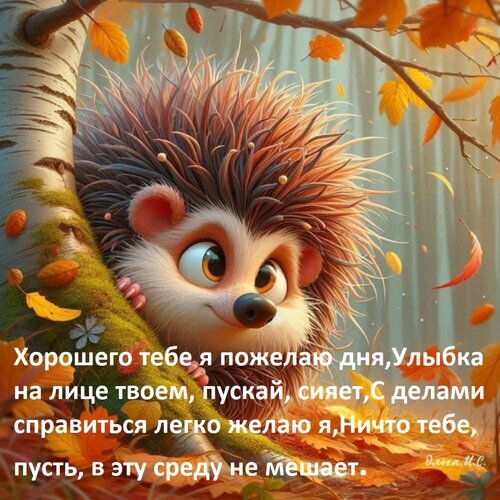Милая открытка с ежиком и пожеланием хорошего дня на среду. Осенний лес, уютная атмосфера и добрые слова для отличного настроения! Открытка Хорошего тебе я пожелаю дня, улыбка на лице твоем пускай сияет. С делами справиться легко желаю я. Милая и добрая открытка с изображением очаровательного мультяшного ежика, прижимающегося к стволу березы в осеннем лесу. На картинке написан теплый текст пожелания хорошего дня и улыбки на среду. Фон украшен золотистой осенней листвой, создающей уютную и позитивную атмосферу