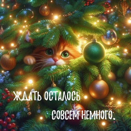 Милый рыжий котенок в новогодней елке с шарами и огоньками. Надпись: «Ждать осталось совсем немного». Уютная праздничная открытка для настроения. Открытка Ждать осталось совсем немного Уютная праздничная картинка с милым рыжим котенком, прячущимся среди веток зеленой елки. Композиция украшена золотистыми и изумрудными новогодними шарами, мерцающими огоньками гирлянд и пушистыми хвойными ветвями. На изображении присутствует вдохновляющая надпись на русском языке: Ждать осталось совсем немного, создающая атмосферу предвкушения праздника, тепла и новогоднего волшебства