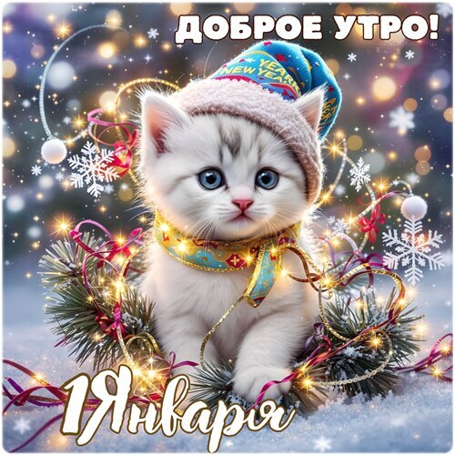 Праздничная открытка «Доброе утро! 1 Января» с милым белым котенком в новогоднем колпаке, еловыми ветками и сверкающими огнями. Идеально для поздравлений! Открытка Доброе утро! Милая и праздничная открытка к Новому году с изображением пушистого белого котенка в зимнем колпаке. Котенок сидит в окружении еловых веток, снежинок и золотистых гирлянд на фоне мерцающих огней. На картинке расположены надписи «ДОБРОЕ УТРО!» и «1 Января», что делает ее идеальной для поздравления с первым днем нового года