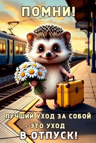 Мотивационная картинка с милым ежиком с чемоданом и цветами. Текст: «Помни! Лучший уход за собой — это уход в отпуск!» Идеально для отдыха и путешествий. Открытка Помни! Лучший УХОД ЗА Собой - ЭТО УХОД В Отпуск! Милая и вдохновляющая иллюстрация с изображением очаровательного ежика, который держит букет белых ромашек и маленький желтый чемодан. Действие происходит на железнодорожной платформе на фоне уходящего поезда в лучах закатного солнца. На картинке размещен мотивирующий текст на русском языке: «ПОМНИ! ЛУЧШИЙ УХОД ЗА СОБОЙ — ЭТО УХОД В ОТПУСК!»