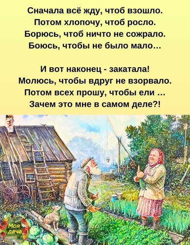 Смешное стихотворение о дачном труде и урожае на фоне уютной деревенской картинки. Юмор про огородников и вечную борьбу за урожай. Открытка Потом всех прошу, чтобы ели… Зачем это мне, в самом деле?! Юмористическая картинка-мем на тему дачного сезона и огородничества. Изображение представляет собой ироничное стихотворение о бесконечном цикле садоводства: от ожидания всходов и борьбы с вредителями до страха перед избытком урожая. На фоне — уютная деревенская сцена с пожилой парой в огороде, деревянным домом и садом, выполненная в стиле теплой живописи