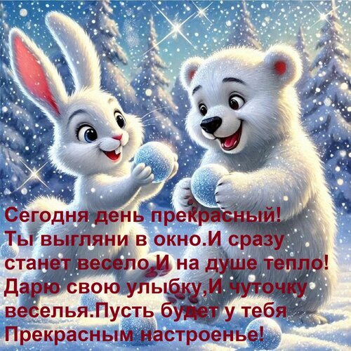 Милая зимняя открытка с зайчиком и медвежонком в снежном лесу. Пожелание хорошего настроения и тепла на душе с красивой надписью на русском языке. Открытка Сегодня день прекрасный! Ты выгляни в окно и сразу станет весело, и на душе тепло! Дарю свою улыбку Милая и праздничная открытка с изображением белого зайчика и белого медвежонка в заснеженном зимнем лесу. Мультяшные персонажи играют со снежками под падающим снегом. На картинке размещен вдохновляющий текст на русском языке: «Сегодня день прекрасный! Ты выгляни в окно. И сразу станет весело. И на душе тепло! Дарю свою улыбку, и чуточку веселья. Пусть будет у тебя прекрасным настроенье!»