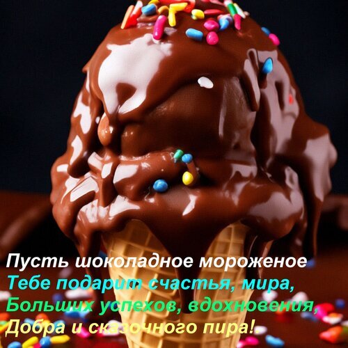 Шоколадное мороженое с посыпкой и пожеланиями счастья, мира, успеха и вдохновения. Идеальная картинка-открытка для добрых пожеланий и поднятия настроения. Открытка Пусть шоколадное мороженое тебе подарит счастья, мира, больших успехов, вдохновения, добра и... Аппетитное изображение шарика шоколадного мороженого, обильно политого густым шоколадным сиропом и украшенного разноцветной кондитерской посыпкой. На картинке наложен вдохновляющий текст на русском языке: 