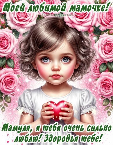 Трогательная открытка для мамы: милая девочка с сердечком на фоне розовых роз. Надпись: «Моей любимой мамочке! Я тебя очень сильно люблю! Здоровья тебе!» Открытка Для тебя, Мама Красочная поздравительная открытка для мамы с изображением очаровательной маленькой девочки с большими глазами. Девочка держит в руках красное сердце, символизирующее любовь и нежность. Фон украшен пышными розовыми розами и сверкающими искрами. На открытке размещен трогательный текст на русском языке: «Моей любимой мамочке! Мамуля, я тебя очень сильно люблю! Здоровья тебе!»