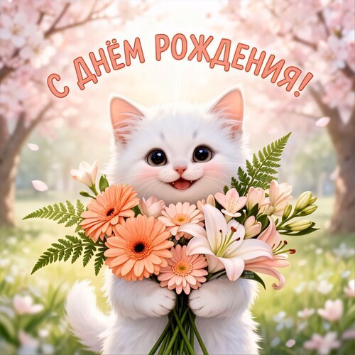 Милая поздравительная открытка: белый котенок с букетом цветов на фоне цветущей сакуры и надпись «С днем рождения!». Идеально для праздничного поздравления. Открытка С днем рождения! Милая открытка с белым котенком, который держит пышный букет розовых гербер и лилий. На фоне — цветущие сакуры в нежных весенних тонах. Сверху расположена надпись на русском языке «С ДНЕМ РОЖДЕНИЯ!». Изображение выполнено в светлых, пастельных тонах, создавая атмосферу радости, тепла и праздничного настроения