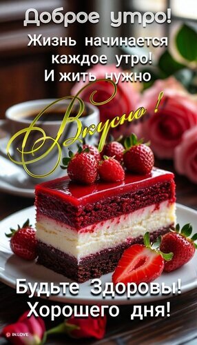 Красивая открытка «Доброе утро!». Аппетитный торт с клубникой, кофе и розами. Пожелание вкусного начала дня и крепкого здоровья для близких. Открытка Сладкого утра Красивая поздравительная открытка с пожеланием доброго утра. На изображении представлен аппетитный кусочек двухслойного шоколадно-сливочного торта, украшенного свежей сочной клубникой. На фоне видны нежные розовые розы и чашка кофе, создающие атмосферу уюта и приятного начала дня. На открытке нанесен текст на русском языке: 