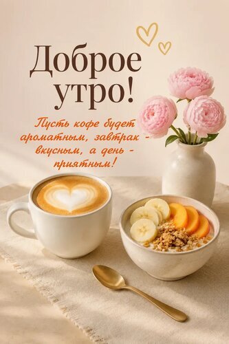 Доброе утро! Эстетичный завтрак с кофе, латте-арт в виде сердца, фруктами и розовыми пионами. Уютная открытка для вдохновения и хорошего настроения. Открытка Пусть кофе будет ароматным, завтрак - вкусным, а день - приятным! Уютная эстетичная открытка с пожеланием доброго утра. На изображении представлен идеальный завтрак: чашка капучино с латте-артом в форме сердца, миска овсяной каши с бананами и абрикосами, а также букет нежно-розовых пионов в вазе. Теплые пастельные тона, мягкое утреннее освещение и золотистая ложка создают атмосферу уюта, спокойствия и вдохновения