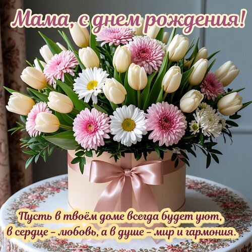 Открытка «Мама, с днем рождения!» с пышным букетом тюльпанов и гербер в коробке. Трогательное поздравление с пожеланиями любви, уюта и гармонии. Открытка Мама, с днем рождения! Красивая праздничная открытка к дню рождения мамы. На изображении представлен пышный букет из нежных белых тюльпанов, розовых и белых гербер в стильной подарочной коробке с розовым бантом. На картинке размещена поздравительная надпись на русском языке: «Мама, с днем рождения!» и трогательное пожелание о уюте, любви, мире и гармонии в душе