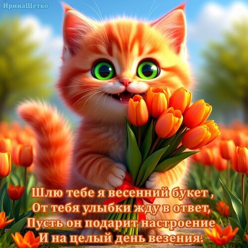 Милый рыжий котенок с букетом оранжевых тюльпанов и пожеланием весеннего настроения. Красивая открытка для поднятия настроения и весенних поздравлений. Открытка Шлю тебе я весенний букет... Милая и очаровательная цифровая иллюстрация с рыжим котенком, который держит букет ярко-оранжевых тюльпанов. Изображение наполнено весенним настроением, ярким солнечным светом и позитивными эмоциями. На картинке размещен трогательный текст на русском языке: «Шлю тебе я весенний букет, От тебя улыбки жду в ответ, Пусть он подарит настроение И на целый день везения» Милый рыжий котенок с букетом оранжевых тюльпанов и пожеланием весеннего настроения. Красивая открытка для поднятия настроения и весенних поздравлений. Открытка Шлю тебе я весенний букет... Милая и очаровательная цифровая иллюстрация с рыжим котенком, который держит букет ярко-оранжевых тюльпанов. Изображение наполнено весенним настроением, ярким солнечным светом и позитивными эмоциями. На картинке размещен трогательный текст на русском языке: «Шлю тебе я весенний букет, От тебя улыбки жду в ответ, Пусть он подарит настроение И на целый день везения»