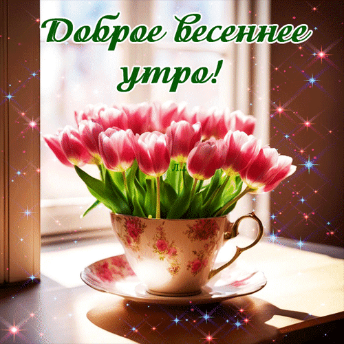 Красивая открытка «Доброе весеннее утро!» с розовыми тюльпанами в чашке, блестками и солнечным светом. Идеально для весеннего поздравления близких. Анимированная открытка Доброе весеннее утро! Красивая праздничная открытка с букетом розовых тюльпанов, стоящим в изящной фарфоровой чашке на подоконнике. На изображении видна надпись на русском языке «Доброе весеннее утро!», дополненная сияющими блестками и мягким солнечным светом. Идеально подходит для поздравления близких, друзей и коллег с наступлением весны и началом нового дня