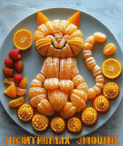 Креативный котик из мандаринов, апельсинов и клубники на тарелке. Яркое фуд-арт изображение для позитивного настроения и вдохновения. Анимированная открытка Позитивных эмоций! Креативная фуд-арт композиция на тарелке: котик, выложенный из сегментов мандарина, апельсина и ягод клубники. Яркое и позитивное изображение из фруктов, которое дарит хорошее настроение. Идеально подходит для тематики здорового питания, детского меню и творческого оформления блюд