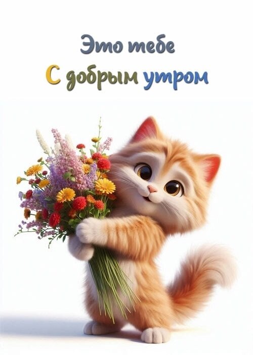 Милая открытка с рыжим котенком и букетом цветов. Надпись: Это тебе, с добрым утром. Красивое утреннее пожелание для соцсетей и мессенджеров. Открытка Доброе утро Милая и очаровательная открытка с рыжим пушистым котенком, который держит в лапках яркий букет разноцветных полевых цветов. На изображении сверху нанесена надпись на русском языке: 