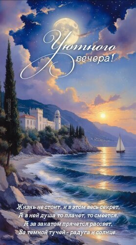 Открытка «Уютного вечера!» с красивым морским пейзажем, закатом и луной. Душевные пожелания и вдохновляющая цитата о жизни для ваших близких. Открытка Уютного вечера Красивая поздравительная открытка с живописным морским пейзажем в закатных тонах. На изображении запечатлен уютный вечер на побережье: скалистый берег, бирюзовые волны, набегающие на песок, белое здание в средиземноморском стиле и парусник в море под лунным небом. Надпись на русском языке «Уютного вечера!» и философская цитата о жизни создают атмосферу спокойствия, вдохновения и душевного тепла