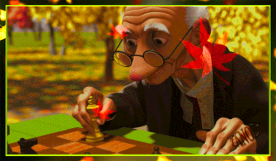 Пожилой персонаж в очках играет в шахматы в осеннем парке. Уютная 3D-иллюстрация с золотыми листьями и теплыми цветами. Анимированная открытка Нет текста пиксар стариком в шахматы Атмосферная 3D-иллюстрация в осенней стилистике, изображающая пожилого антропоморфного персонажа (мышь или крысу) в очках и костюме. Персонаж сосредоточенно играет в шахматы, сидя за столом в парке, усыпанном золотыми осенними листьями. На переднем плане видны шахматные фигуры и детализированная текстура дерева. Картина выполнена в теплых желтых и оранжевых тонах, создавая чувство ностальгии и спокойствия