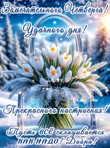 Открытка на четверг: букет белых крокусов, зимний пейзаж и пожелания удачного дня, отличного настроения и добра. Красивое поздравление для близких. Открытка Четверг Красивая поздравительная открытка к четвергу с букетом белоснежных крокусов в прозрачной вазе. На фоне заснеженного зимнего леса и солнечного света расположена надпись на русском языке: Замечательного Четверга! Удачного дня! Прекрасного настроения! Пусть все складывается как надо! Добра!