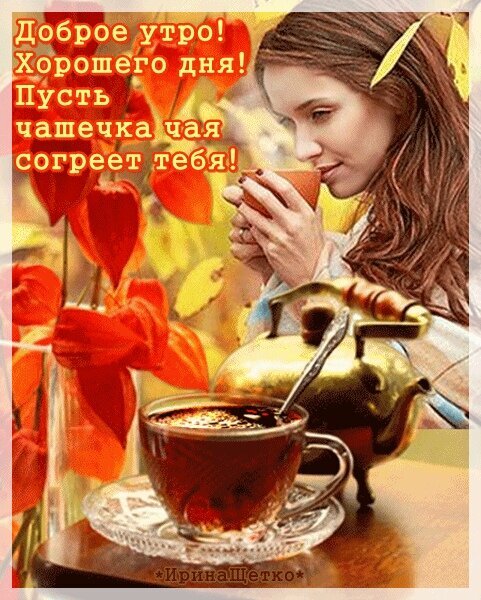 Доброе утро! Уютная открытка с надписью Хорошего дня! Пусть чашечка чая согреет тебя!. Женщина с чаем, цветы физалис и теплый осенний настрой. Открытка Доброго утра Уютная и теплая поздравительная открытка с надписью на русском языке: 