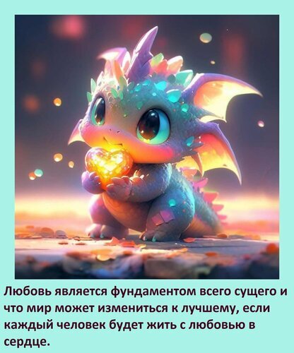 Милый сказочный дракончик с сияющим сердцем и мотивирующая цитата о любви. Волшебная иллюстрация о том, как любовь меняет мир к лучшему. Открытка Любовь является фундаментом всего сущего и что мир может измениться к лучшему Милое и волшебное изображение маленького сказочного дракончика, который держит в лапках светящееся золотое сердце. Иллюстрация выполнена в мягких пастельных тонах с использованием эффекта боке и магического свечения, создавая атмосферу тепла, уюта и доброты. В нижней части изображения размещена вдохновляющая цитата на русском языке о том, что любовь является фундаментом всего сущего и способна изменить мир к лучшему
