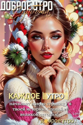Красивая открытка «Доброе утро субботы» с вдохновляющей цитатой и зимним настроением. Идеальное пожелание для доброго и продуктивного начала дня! Анимированная открытка Доброе утро, суббота. Красочная праздничная открытка с пожеланием доброго утра. На изображении представлена красивая молодая девушка в зимнем наряде, в шапке с помпоном и в украшениях в виде снежинок. Фон украшен мерцающими огнями и новогодними шарами. На картинке размещена вдохновляющая цитата на русском языке: «Каждое утро начинает новую страницу в твоей истории. Сделай ее великой сегодня!»