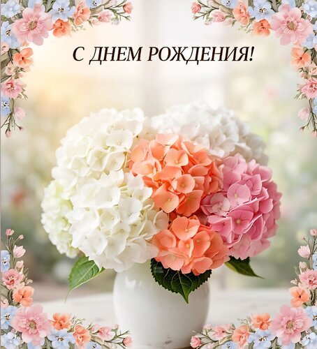 Красивая поздравительная открытка «С днем рождения!» с нежным букетом гортензий в пастельных тонах. Идеально для теплых поздравлений близким и друзьям. Открытка С днем рождения! Красивая поздравительная открытка к дню рождения с нежным букетом цветущих гортензий. Композиция включает пышные белые, розовые и персиковые цветы в белой вазе, обрамленные изящным цветочным узором по краям. В центре расположена элегантная надпись на русском языке «С днем рождения!». Идеально подходит для отправки в мессенджерах, социальных сетях или в качестве цифрового поздравления близким, друзьям и коллегам