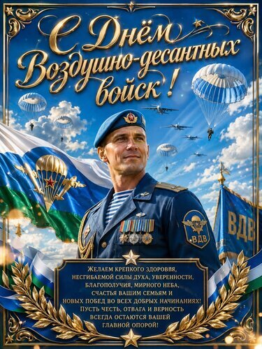 Поздравительная открытка к Дню ВДВ с парашютистом, флагом и теплыми пожеланиями здоровья, силы духа и новых побед на фоне голубого неба. Открытка С днем воздушно-десантных войск Праздничная поздравительная открытка к Дню Воздушно-десантных войск (ВДВ). На изображении представлен мужчина в парадной форме десантника в берете на фоне голубого неба с парашютами, самолетами и развевающимся флагом ВДВ. Дизайн выполнен в торжественном стиле с золотистыми элементами и красивым каллиграфическим текстом на русском языке. Открытка содержит пожелания крепкого здоровья, силы духа, уверенности и новых побед