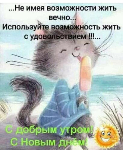Милый кот с мороженым: позитивный мем с цитатой о радости жизни и пожеланиями доброго утра. Идеально для соцсетей и поднятия настроения! Открытка Не имея возможности жить вечно. Используйте возможность жить с удовольствием. С добрым утром Забавный мем с милым серым котиком, наслаждающимся мороженым на фоне моря. На картинке размещен жизнеутверждающий текст на русском языке: «Не имея возможности жить вечно... Используйте возможность жить с удовольствием!!!». В нижней части изображения — пожелание «С добрым утром! С Новым днем!»