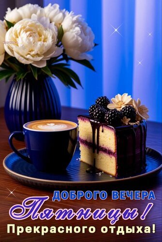 Уютная открытка: кусочек торта, кофе и белые пионы. Пожелание доброго вечера пятницы и прекрасного отдыха в красивом синем стиле. Открытка Доброго Вечера Пятницы! Прекрасного Отдыха! Уютная и эстетичная открытка для пожелания доброго вечера в пятницу. На изображении представлен аппетитный кусочек торта с ягодами ежевики, чашка ароматного кофе с латте-артом и букет пышных белых пионов в синей вазе. Композиция выполнена в глубоких синих и теплых золотистых тонах, создавая атмосферу расслабления и праздничного настроения