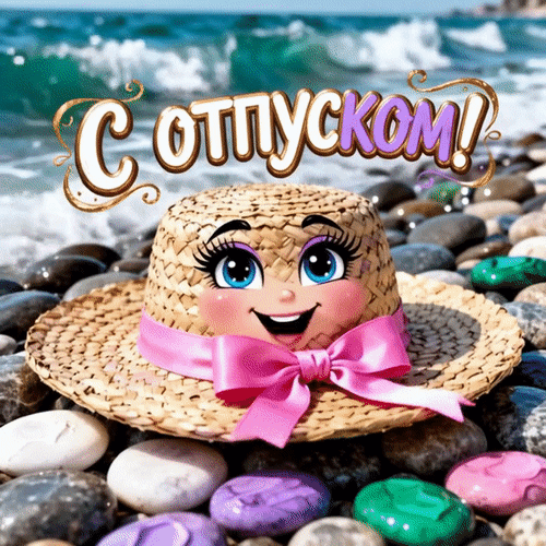 Поздравительная открытка «С отпуском!»: милая соломенная шляпка с морским пейзажем и галькой. Идеально для пожеланий летнего отдыха и путешествий. Анимированная открытка Отпуск Яркая и позитивная поздравительная открытка на тему отпуска. На переднем плане изображена соломенная шляпа с милым мультяшным лицом, большими выразительными глазами и розовым бантом, которая лежит на морской гальке. На заднем плане видны морские волны и пена. Сверху нанесена крупная красивая надпись на русском языке «С отпуском!» Поздравительная открытка «С отпуском!»: милая соломенная шляпка с морским пейзажем и галькой. Идеально для пожеланий летнего отдыха и путешествий. Анимированная открытка Отпуск Яркая и позитивная поздравительная открытка на тему отпуска. На переднем плане изображена соломенная шляпа с милым мультяшным лицом, большими выразительными глазами и розовым бантом, которая лежит на морской гальке. На заднем плане видны морские волны и пена. Сверху нанесена крупная красивая надпись на русском языке «С отпуском!»