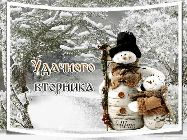Зимняя открытка со снеговиками и надписью «Удачного вторника». Милое поздравление с добрым вторником в заснеженном лесу. Анимированная открытка Удачного Вторника! Красивая поздравительная открытка к вторнику в зимнем стиле. На изображении запечатлены два милых снеговика в шарфах на фоне заснеженного леса. На картинке нанесена надпись на русском языке: Удачного вторника. Атмосферное черно-белое фото с акцентами, создающее уютное зимнее настроение