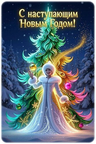 Новогодняя открытка с надписью С наступающим Новым Годом!. Сказочная девушка в белом платье на фоне яркой разноцветной елки в зимнем лесу. Открытка С наступающим Новым годом! Праздничная поздравительная открытка к Новому году. На изображении представлена красивая девушка в роскошном белом меховом платье и шапке, стоящая на фоне сказочной стилизованной елки. Елка украшена яркими разноцветными ветвями — от бирюзовых до золотистых и розовых — и сияющими шарами. В верхней части картинки расположена золотистая надпись на русском языке: С наступающим Новым Годом!