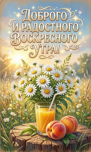 Яркая открытка «Доброго воскресного утра!» с букетом ромашек, соком и персиками. Солнечное летнее пожелание для хорошего настроения и радостного дня! Открытка Доброго и радостного воскресного утра Красивая поздравительная открытка с надписью «Доброго и радостного воскресного утра!». На изображении представлен солнечный летний пейзаж: пышный букет белых ромашек, стакан свежевыжатого апельсинового сока и спелые сочные персики на деревянном пне. Солнечные лучи пробиваются сквозь зелень, создавая атмосферу тепла, уюта и праздничного настроения