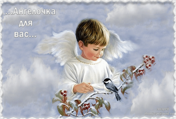 Милая открытка с маленьким ангелом на фоне облаков и птичкой на ветке рябины. Нежное изображение для добрых пожеланий и светлых поздравлений. Анимированная открытка Храни вас Бог. Ангелочек для вас ... Прекрасная поздравительная открытка с изображением маленького ангела в белых одеждах на фоне нежных облаков. Ангелочек с мягким взглядом сидит рядом с веткой рябины, на которой расположилась маленькая птичка. Изображение выполнено в светлых, воздушных тонах, создавая атмосферу чистоты, умиротворения и божественной защиты