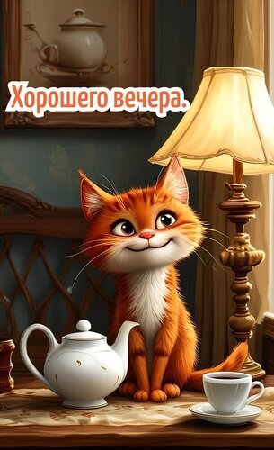 Уютная картинка с рыжим котенком, чайником и лампой. Надпись «Хорошего вечера» для теплых пожеланий и создания домашней атмосферы уюта. Открытка Хорошего вечера Милая и уютная цифровая иллюстрация с рыжим котенком, сидящим за столом в домашней обстановке. На переднем плане — белый чайник и чашка, на заднем плане — мягкий свет настольной лампы и классический интерьер. В верхней части изображения расположена надпись на русском языке «Хорошего вечера.»