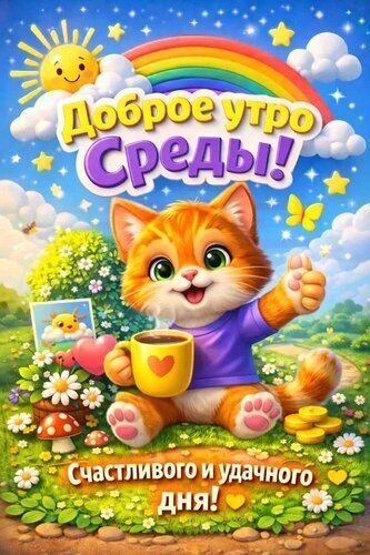Доброе утро среды! Яркая открытка с милым рыжим котенком, радугой и солнцем. Пожелание счастливого и удачного дня для хорошего настроения! Открытка Среда Яркая и позитивная поздравительная открытка на утро среды. На изображении очаровательный рыжий котенок в синей футболке с поднятым вверх большим пальцем. Котенок сидит на зеленой лужайке с цветами и грибами, держа в лапке кружку кофе с сердечком. Фон наполнен радостью: сияющее солнце с улыбкой, разноцветная радуга, пушистые облака и мерцающие звезды. Текст на русском языке гласит: 