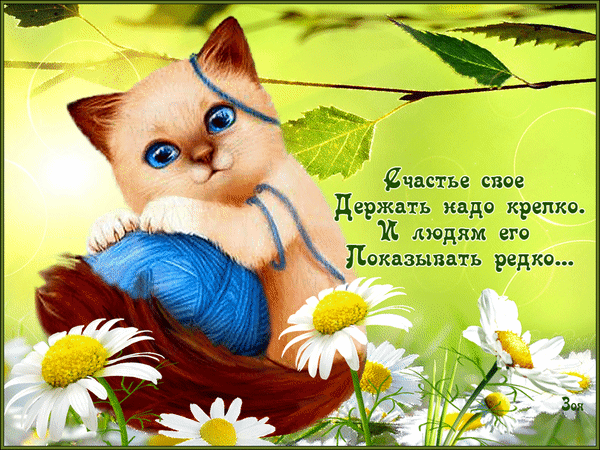 Милый котенок с клубком и ромашками. Душевная открытка с цитатой о счастье: «Счастье свое держать надо крепко...». Красивое изображение для пожеланий. Анимированная открытка Счастье твое держать надо крепко. И людям его показывать редко... Милая и трогательная открытка с изображением пушистого котенка голубых глаз, играющего с синим клубком ниток среди белых ромашек. На картинке на русском языке написана глубокая философская цитата о счастье: «Счастье свое держать надо крепко. И людям его показывать редко...». Изображение выполнено в нежных весенних тонах, создавая уютную, мечтательную и вдохновляющую атмосферу