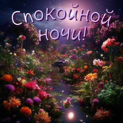 Волшебная открытка «Спокойной ночи!»: яркие цветы и сказочный ночной сад под звездным небом. Идеальное пожелание доброй ночи для близких и друзей. Открытка Спокойной ночи! Красивая и атмосферная открытка с надписью «Спокойной ночи!» на фоне сказочного ночного сада. Изображение наполнено яркими разноцветными цветами, которые подсвечены мягким магическим светом. В центре композиции видна тихая водная дорожка, отражающая сияние звезд и цветов. Идеально подходит для пожелания доброй ночи близким, друзьям или любимым, создавая ощущение уюта, спокойствия и волшебства