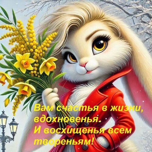 Милая открытка с кроликом в красном пиджаке и букетом желтых цветов. Пожелание счастья и вдохновения на русском языке. Идеально для добрых поздравлений! Открытка Вам счастья в жизни, вдохновенья. И восхищенья всем твореньям! Милая и яркая открытка с антропоморфным белым кроликом в стильном красном пиджаке, который держит пышный букет желтых мимоз и нарциссов. Изображение выполнено в стиле цифровой 3D-иллюстрации с высокой детализацией меха и глаз персонажа. На переднем плане расположен поздравительный текст на русском языке: «Вам счастья в жизни, вдохновенья. И восхищенья всем твореньям!»