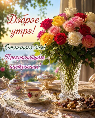 Доброе утро! Красивая открытка с букетом роз, чаем и сладостями. Пожелание отличного дня и прекрасного настроения для близких. Открытка Доброе утро Красивая поздравительная открытка для доброго утра. На изображении представлен пышный букет разноцветных роз (красных, розовых, желтых и белых) в хрустальной вазе. На переднем плане на столе, накрытом кружевной скатертью, стоит изысканный чайный сервиз с цветочным узором, чашка ароматного чая и тарелка с изысканными шоколадными трюфелями. На фоне — залитый солнечным светом пейзаж. Текст на русском языке гласит: 