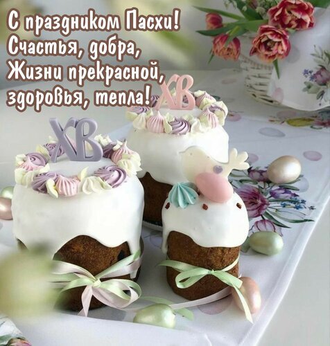 Поздравление с Пасхой: праздничные куличи с глазурью, пасхальные яйца и цветы. Надпись: «С праздником Пасхи! Счастья, добра, жизни прекрасной, здоровья, тепла!» Открытка С праздником Пасхи! Счастья, добра. Жизни прекрасной, здоровья, тепла! Праздничная композиция к Пасхе: аппетитные куличи, покрытые белоснежной глазурью и украшенные нежным кремом, в окружении пасхальных яиц и весенних цветов. На картинке присутствует поздравительная надпись на русском языке: «С праздником Пасхи! Счастья, добра, жизни прекрасной, здоровья, тепла!»