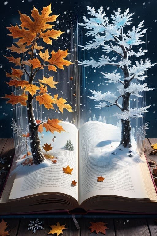 Магическая открытая книга, из которой вырастают осеннее и зимнее деревья. Сюрреалистическое искусство, символизирующее смену сезонов и силу воображения. Открытка Два сезона, осень и зима Сюрреалистическое цифровое искусство, изображающее открытую книгу, из страниц которой вырастают два дерева, символизирующие смену времен года. Левое дерево украшено золотистыми осенними листьями, а правое покрыто инеем и заснеженными ветвями, олицетворяя зиму. Композиция наполнена магической атмосферой: падающие снежинки, летящие осенние листья и мягкое освещение создают ощущение сказки и магии чтения