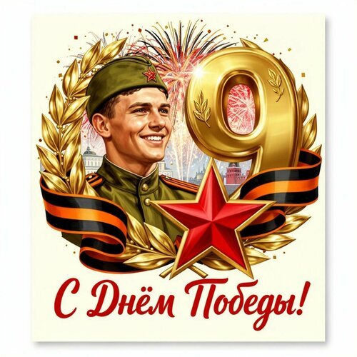 Поздравительная открытка к Дню Победы: улыбающийся солдат, цифра 9, салют, золотые лавры, красная звезда и Георгиевская лента. С Днем Победы! Открытка День Победы Праздничная поздравительная открытка к Дню Победы. На изображении представлен улыбающийся молодой солдат в советской военной форме на фоне золотой цифры «9» и праздничного салюта. Композиция дополнена золотыми лавровыми ветвями, красной пятиконечной звездой и черно-оранжевой Георгиевской лентой. В нижней части расположена надпись красным каллиграфическим шрифтом «С днем Победы!»