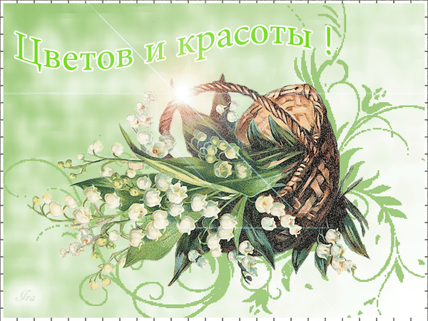 Нежная иллюстрация с корзиной цветов ландыша и надписью «Цветов и красоты!». Идеальная весенняя открытка для пожеланий и создания настроения. Анимированная открытка Цветов и красоты! Изящная художественная иллюстрация в нежных зеленых тонах, изображающая корзину с распустившимися цветами ландыша. Композиция дополнена декоративными растительными узорами, легкими виньетками и мягким солнечным свечением, создающим атмосферу весны, чистоты и природной гармонии