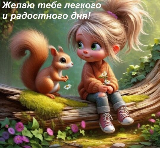Милая открытка с девочкой и белкой в лесу. Надпись: «Желаю тебе легкого и радостного дня!». Добрая 3D иллюстрация для поднятия настроения и пожелания хорошего дня. Открытка Желаю тебе легкого и радостного дня! Милая и добрая иллюстрация в стиле 3D-мультфильма, изображающая очаровательную девочку с большими глазами и пушистую белку на лесной ветке. Девочка сидит на покрытом мхом бревне и держит маленький цветок, а рядом с ней расположилась рыжая белка. Надпись на русском языке «Желаю тебе легкого и радостного дня!» делает это изображение идеальной открыткой для пожелания хорошего настроения. Яркие цвета, мягкое освещение и сказочная атмосфера леса создают позитивный и теплый эмоциональный посыл