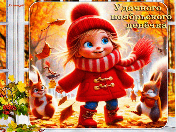 Милая осенняя открытка: девочка в красном пальто и бельчата среди листьев. Пожелание «Удачного ноябрьского денечка» для создания уютного настроения. Анимированная открытка Удачного ноябрьского денечка! Милая и уютная цифровая иллюстрация осеннего настроения. На картинке изображена очаровательная девочка в красной шапке с помпоном, теплом шарфе и красном пальто, весело гуляющая среди осенних листьев. Рядом с ней играют забавные бельчата. Фон наполнен золотистыми осенними красками и падающей листвой. Изображение идеально подходит для поздравительных открыток, пожеланий хорошего дня и передачи атмосферы уюта и тепла в ноябре