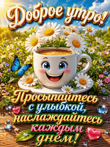 Доброе утро! Красивая открытка с улыбающейся чашкой кофе, ромашками и бабочками. Пожелание просыпаться с улыбкой и наслаждаться каждым днем. Анимированная открытка Доброе утро Яркая и позитивная открытка для пожелания доброго утра. На изображении представлена милая белая чашка кофе с улыбающимся лицом, окруженная нежными белыми ромашками и голубыми бабочками. Солнечный свет, капли росы и яркие цветы создают атмосферу радости и свежести. В нижней части картинки расположена вдохновляющая надпись на русском языке: 