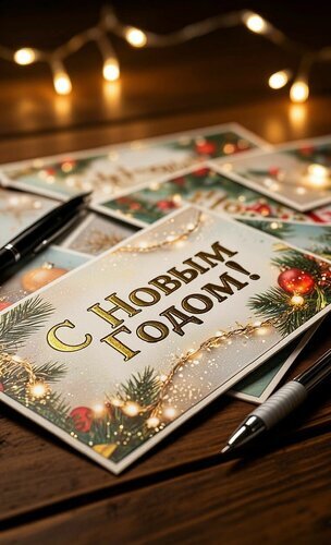Новогодние открытки с надписью «С Новым Годом!» на деревянном столе. Праздничная атмосфера, еловые ветки, шары и теплый свет гирлянд для ваших поздравлений. Открытка С новым годом Праздничная композиция с новогодними открытками на деревянном столе. На переднем плане крупным планом показана открытка с золотистой надписью «С Новым Годом!», украшенная изображениями еловых веток, красных шаров и сияющих огней. Рядом с открытками лежат ручки, создавая атмосферу подготовки к написанию поздравлений. Фон мягко размыт, создавая уютное настроение благодаря теплым огням гирлянды